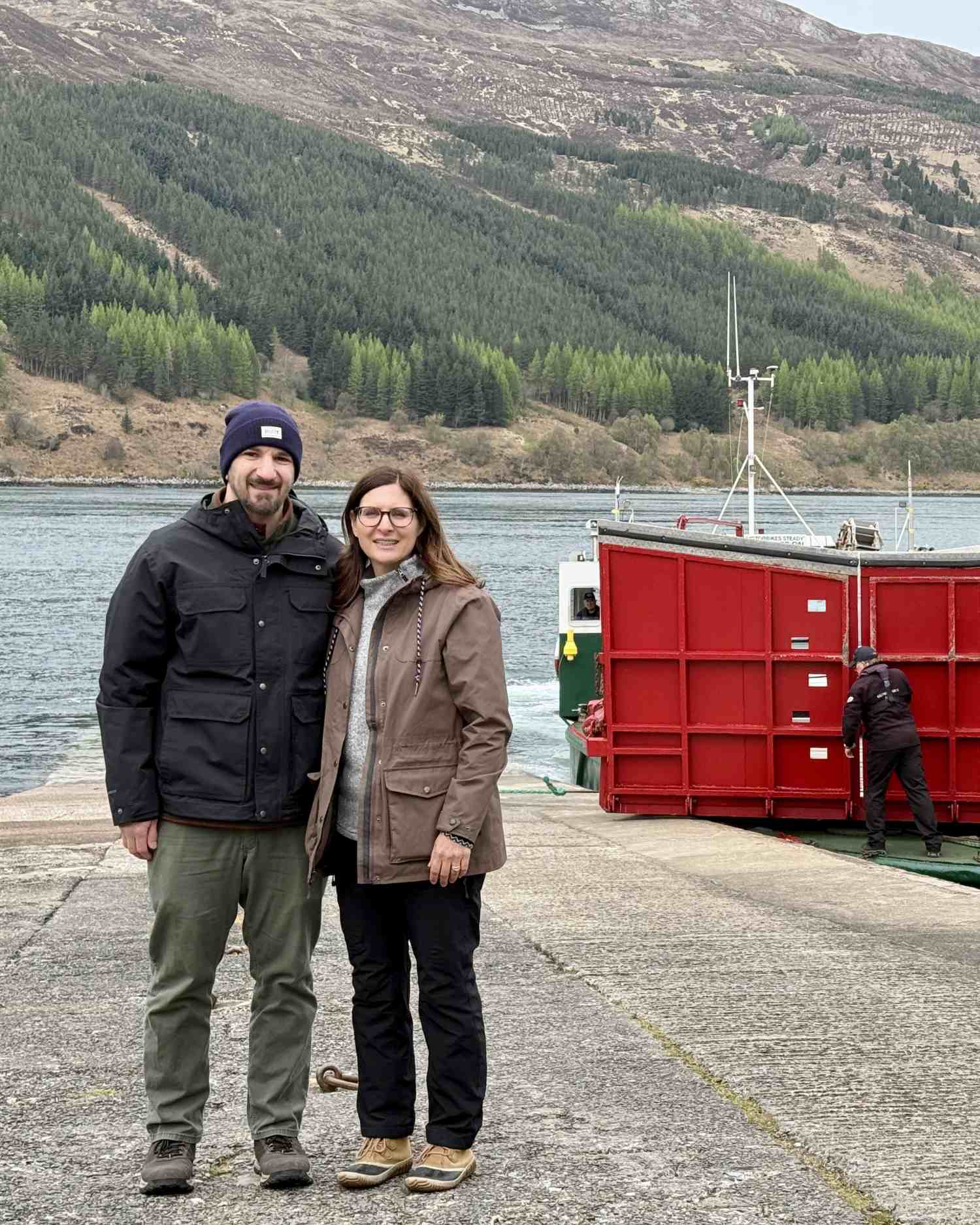 couple boarding Glenelg turntable ferry Scottish Highlands