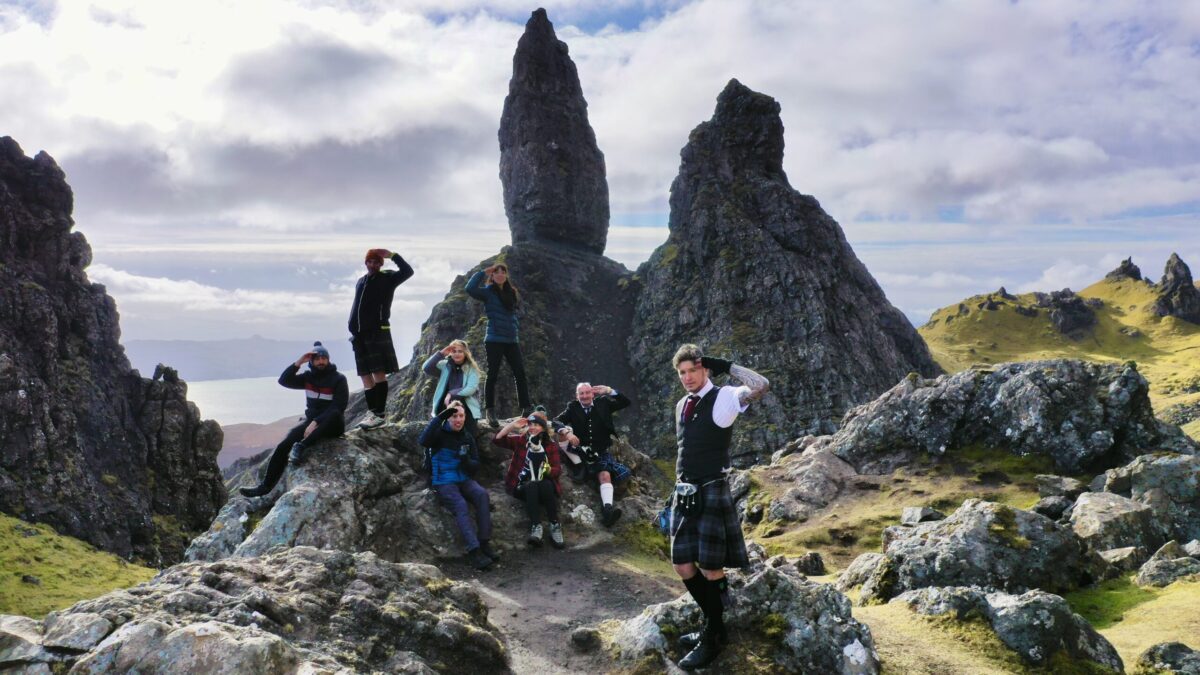 Corporate team with guide Luke Skye-Walker at the Old Man of Storr, Isle of Skye