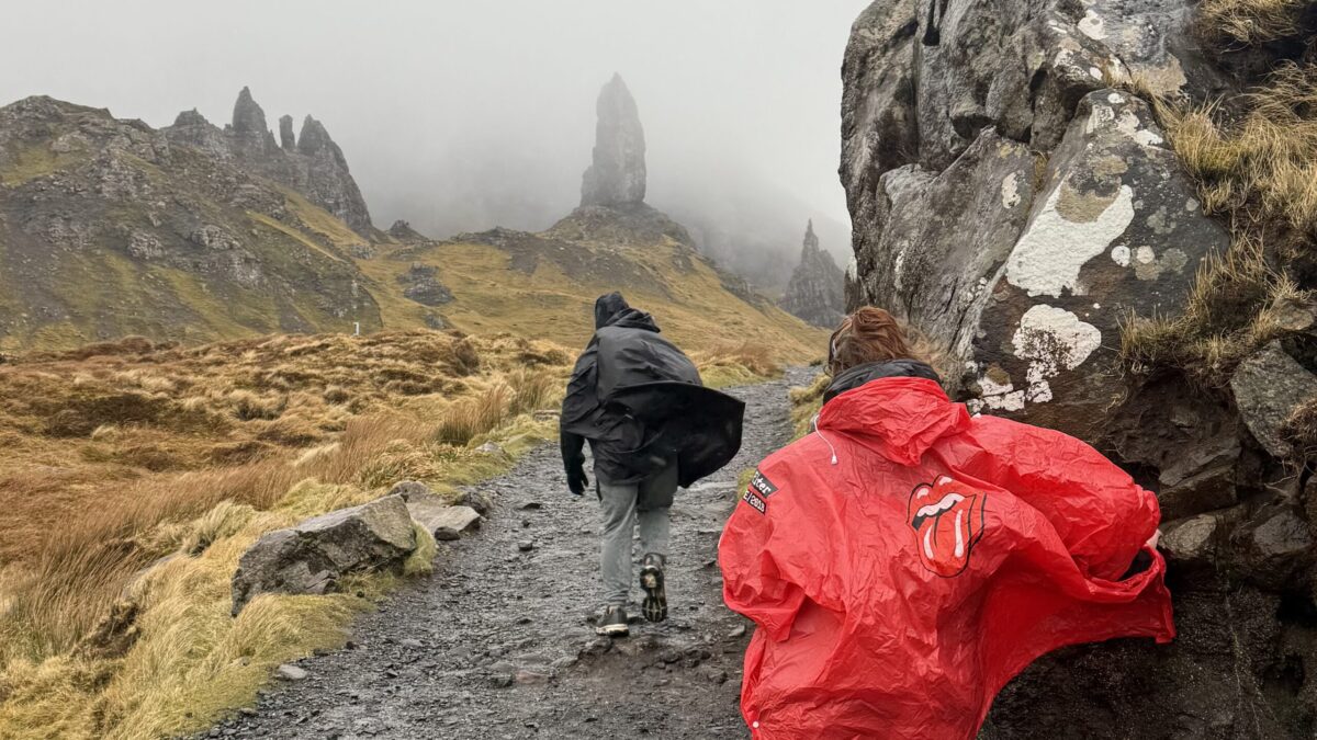 Couple hike to the Old Man of Storr